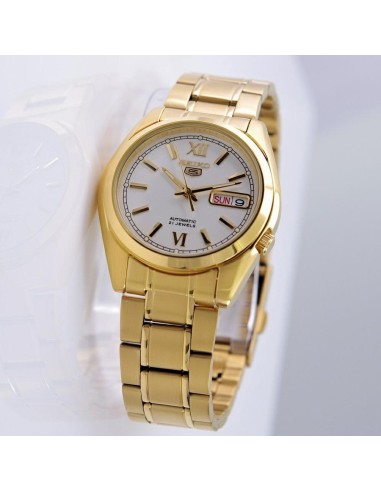 Reloj hombre automático Seiko 5 SNKL58K1 38 mm – Hardlex, 30 m, correa de acero dorado