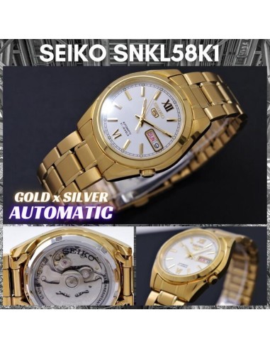 Reloj hombre automático Seiko 5 SNKL58K1 38 mm – Hardlex, 30 m, correa de acero dorado