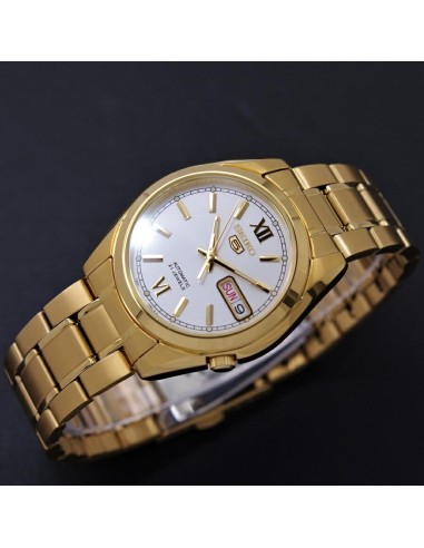 Reloj hombre automático Seiko 5 SNKL58K1 38 mm – Hardlex, 30 m, correa de acero dorado