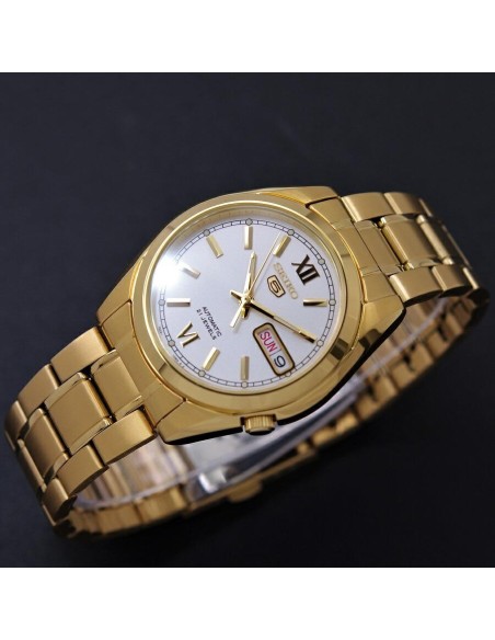 Reloj hombre automático Seiko 5 SNKL58K1 38 mm – Hardlex, 30 m, correa de acero dorado