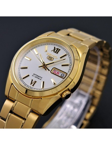 Reloj hombre automático Seiko 5 SNKL58K1 38 mm – Hardlex, 30 m, correa de acero dorado