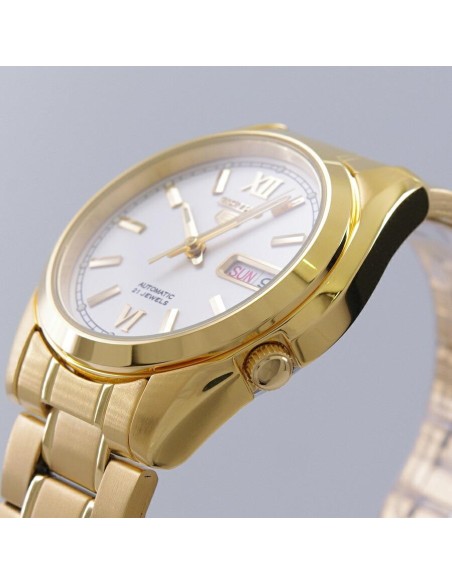 Reloj hombre automático Seiko 5 SNKL58K1 38 mm – Hardlex, 30 m, correa de acero dorado