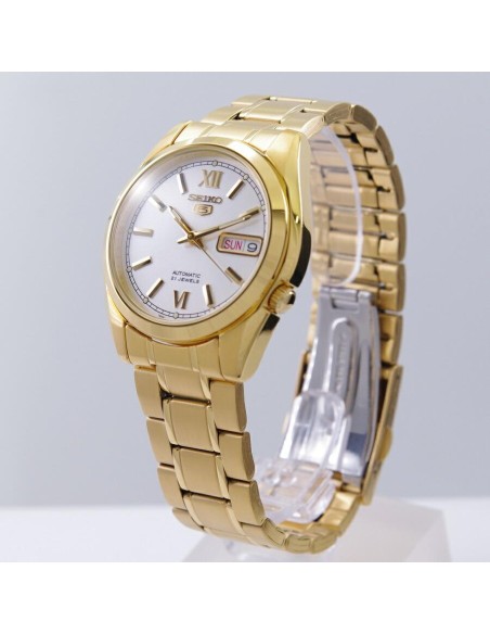 Reloj hombre automático Seiko 5 SNKL58K1 38 mm – Hardlex, 30 m, correa de acero dorado