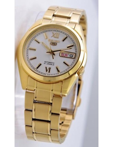 Reloj hombre automático Seiko 5 SNKL58K1 38 mm – Hardlex, 30 m, correa de acero dorado