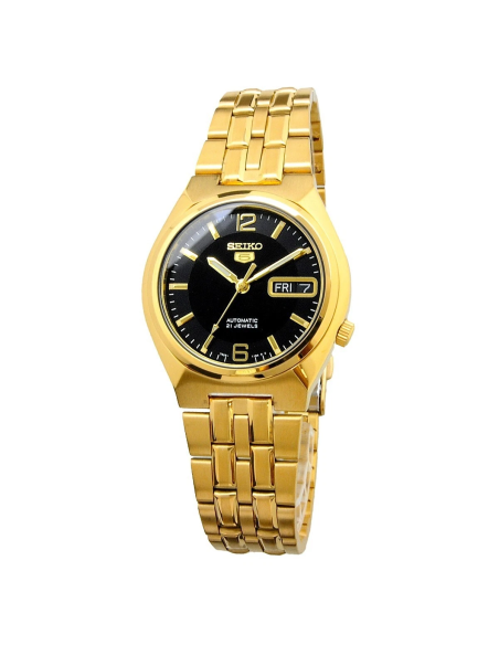 Reloj hombre automático Seiko 5 SNKL66K1 38 mm – Hardlex, 30 m, correa de acero dorado