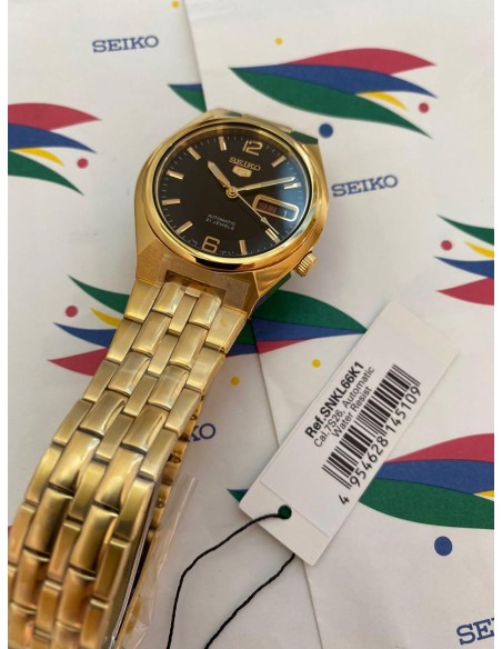 Reloj hombre automático Seiko 5 SNKL66K1 38 mm – Hardlex, 30 m, correa de acero dorado