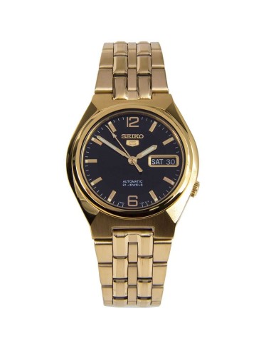 Reloj hombre automático Seiko 5 SNKL66K1 38 mm – Hardlex, 30 m, correa de acero dorado