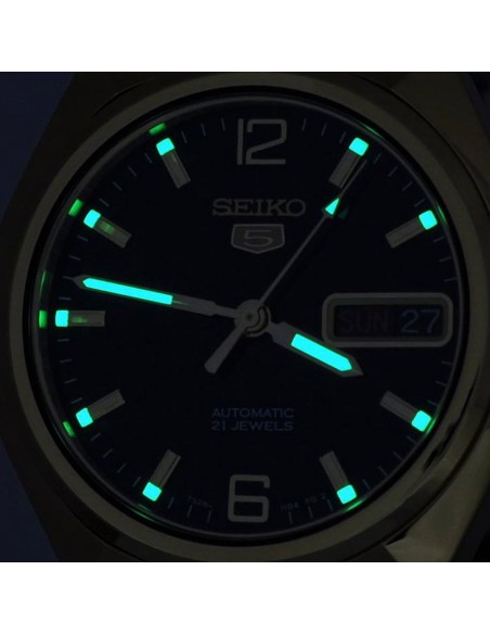 Reloj hombre automático Seiko 5 SNKL66K1 38 mm – Hardlex, 30 m, correa de acero dorado
