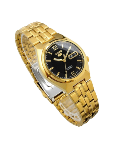 Reloj hombre automático Seiko 5 SNKL66K1 38 mm – Hardlex, 30 m, correa de acero dorado
