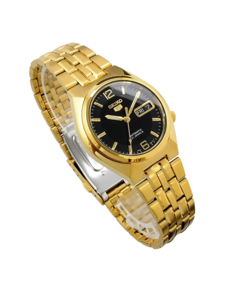 Reloj hombre automático Seiko 5 SNKL66K1 38 mm – Hardlex, 30 m, correa de acero dorado