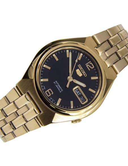 Reloj hombre automático Seiko 5 SNKL66K1 38 mm – Hardlex, 30 m, correa de acero dorado
