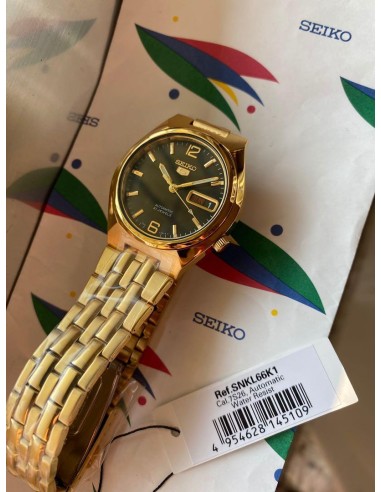 Reloj hombre automático Seiko 5 SNKL66K1 38 mm – Hardlex, 30 m, correa de acero dorado