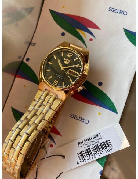 Reloj hombre automático Seiko 5 SNKL66K1 38 mm – Hardlex, 30 m, correa de acero dorado
