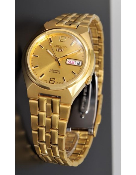 Reloj hombre automático Seiko 5 SNKL64K1 37mm – 30 m, correa de acero dorado