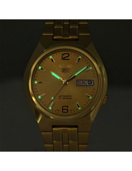 Reloj hombre automático Seiko 5 SNKL64K1 37mm – 30 m, correa de acero dorado