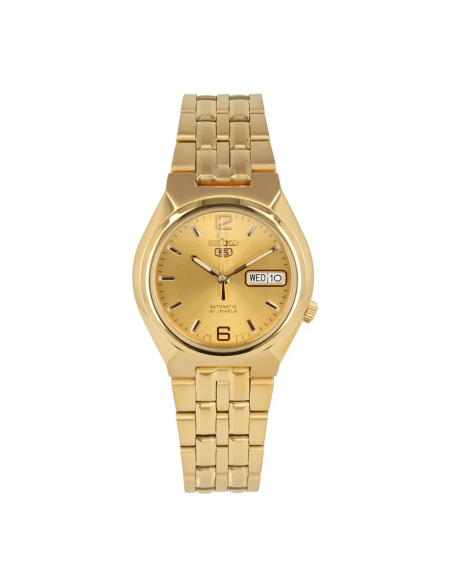 Reloj hombre automático Seiko 5 SNKL64K1 37mm – 30 m, correa de acero dorado