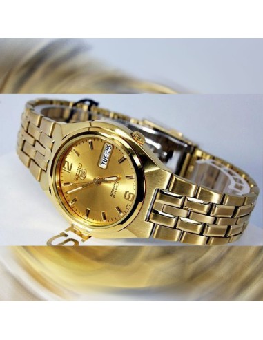 Reloj hombre automático Seiko 5 SNKL64K1 37mm – 30 m, correa de acero dorado