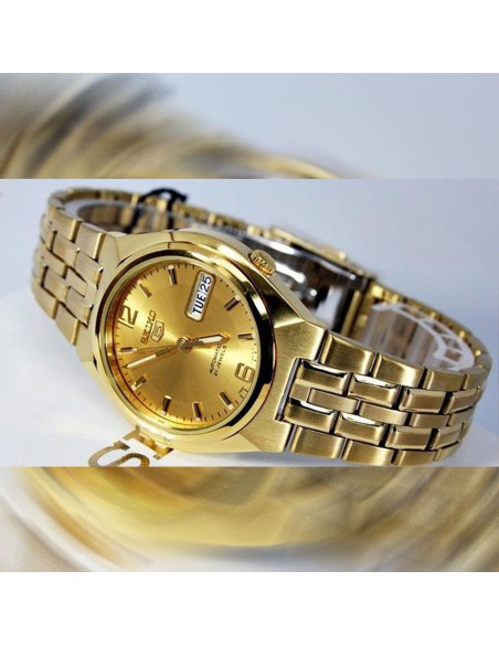 Reloj hombre automático Seiko 5 SNKL64K1 37mm – 30 m, correa de acero dorado