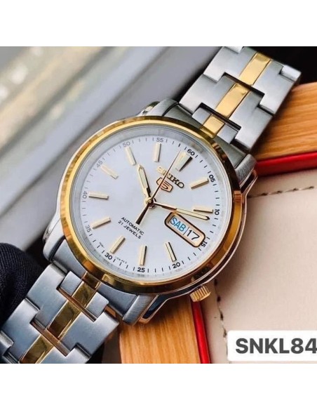 Reloj hombre automático Seiko 5 SNKL84K1 38 mm – Hardlex, 30 m, correa de acero dos tonos