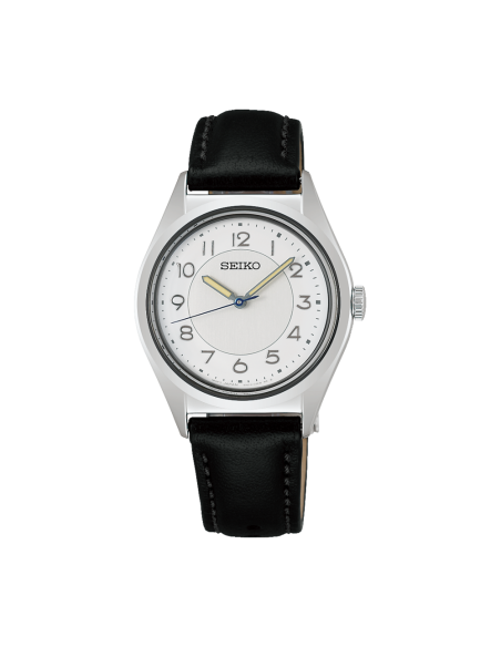 Seiko Selection SSEH029 JDM The Steady White  31mm JDM – Cuarzo, Esfera Plateada y Correa de Piel Negra JDM