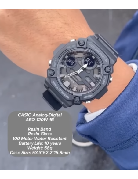 Reloj Casio AEQ-120W-1B 53.3 × 52.2 × 16.8 mm 100m WR Hora Mundial 10 años batería 3 alarmas