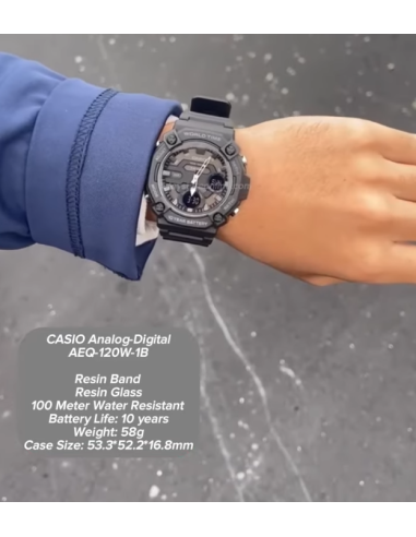 Reloj Casio AEQ-120W-1B 53.3 × 52.2 × 16.8 mm 100m WR Hora Mundial 10 años batería 3 alarmas
