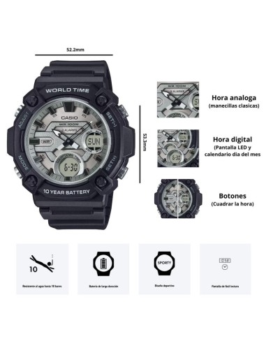 Casio AEQ-120W-7A 53.3 × 52.2 × 16.8 mm 100m WR Hora Mundial 10 años batería 3 alarmas