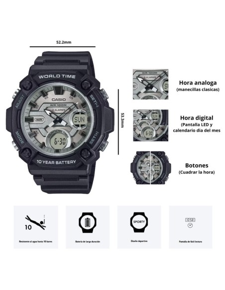 Casio AEQ-120W-7A 53.3 × 52.2 × 16.8 mm 100m WR Hora Mundial 10 años batería 3 alarmas