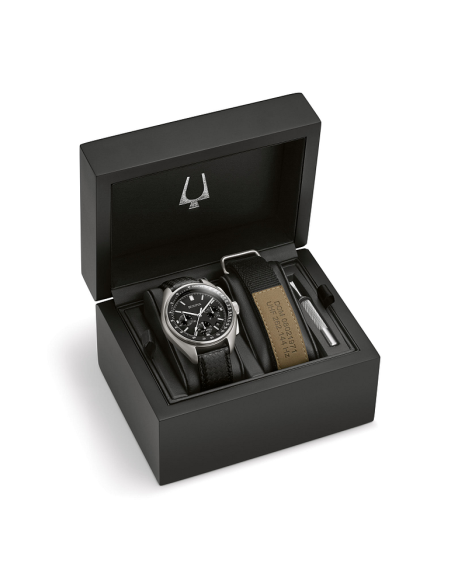 Reloj hombre Bulova 96B251 Special Edition Moon Apollo Lunar Pilot Chronograph dial negro 30m WR correa de cuero