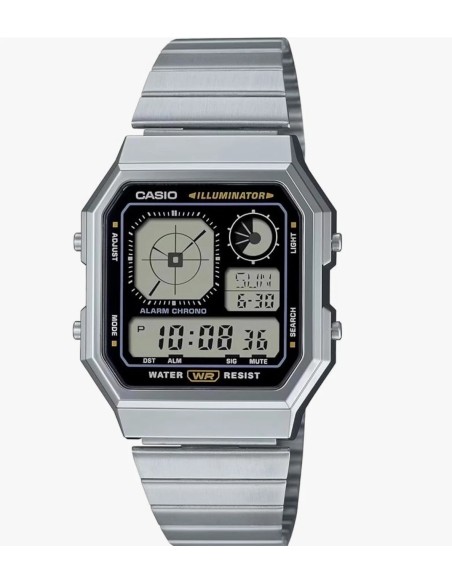 reloj unisex Casio Retro Future A130WE-1A   40.5 × 33.9 × 9 mm  Hora Mundial Pantalla LCD con reloj analógico