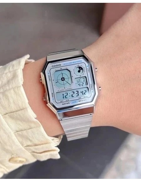reloj unisex Casio Retro Future A130WE-7A   40.5 × 33.9 × 9 mm  Hora Mundial Pantalla LCD con reloj analógico