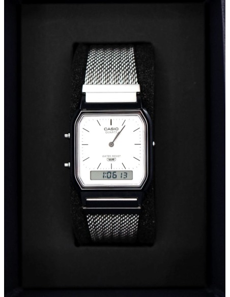 reloj digital analógico Casio Edgy AQ-230EM-7A  38.8 × 29.8 × 8.1 correa de acero de malla autoajustable