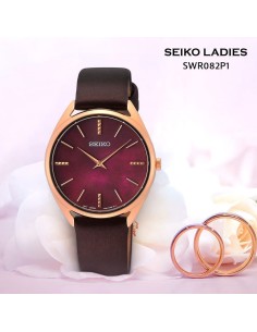 reloj solar mujer Seiko Classic Bordeaux SWR082P1 32mm 50m WR correa de cuero