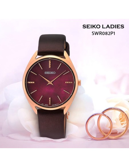 reloj solar mujer Seiko Classic Bordeaux SWR082P1 32mm 50m WR correa de cuero