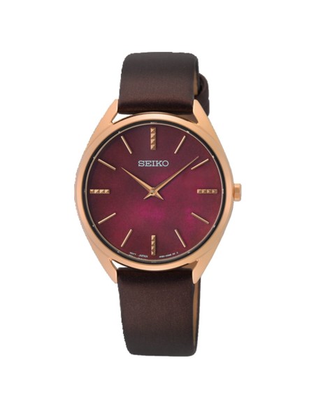 reloj solar mujer Seiko Classic Bordeaux SWR082P1 32mm 50m WR correa de cuero