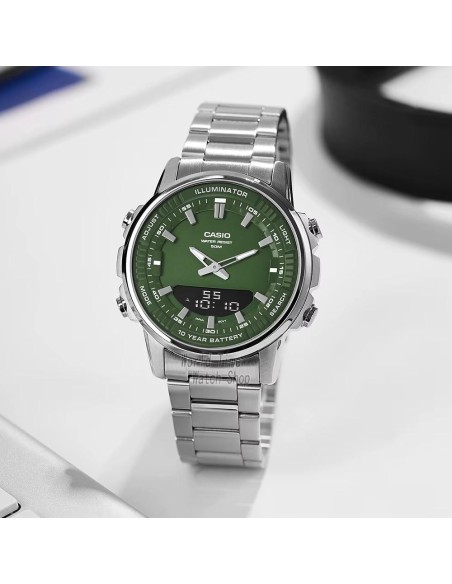 reloj hombre Casio AMW-880D-3A 47mm Hora Mundial 50m WR correa de acero 10 años batería