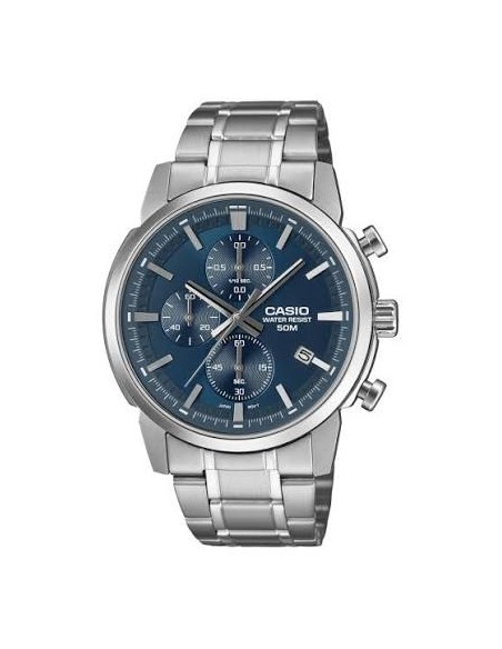 Reloj Casio Para Hombre MTP-E510D-2A2 Cronógrafo Correa Acero Plateado Esfera Azul