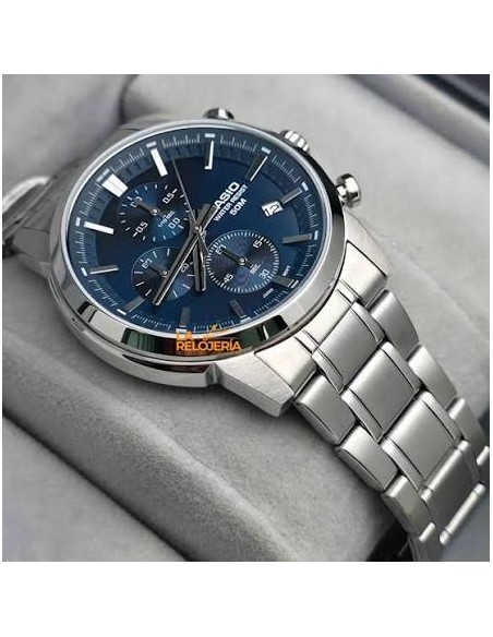 Reloj Casio Para Hombre MTP-E510D-2A2 Cronógrafo Correa Acero Plateado Esfera Azul