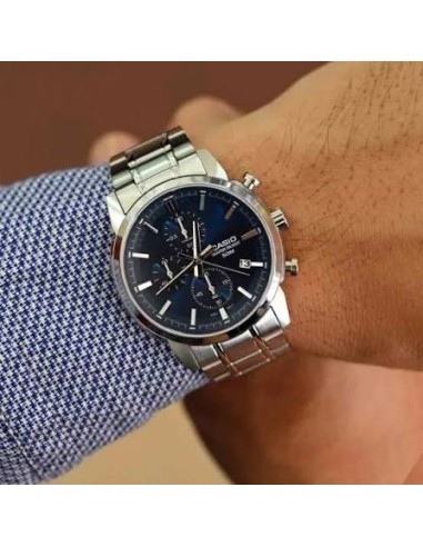 Reloj Casio Para Hombre MTP-E510D-2A2 Cronógrafo Correa Acero Plateado Esfera Azul