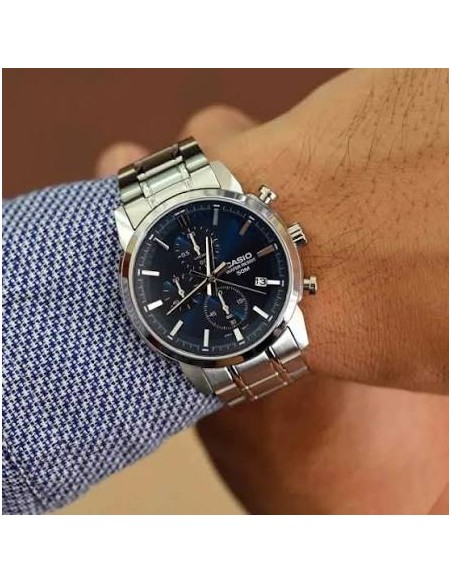 Reloj Casio Para Hombre MTP-E510D-2A2 Cronógrafo Correa Acero Plateado Esfera Azul