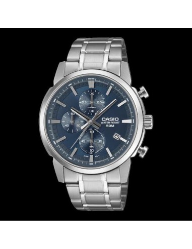 Reloj Casio Para Hombre MTP-E510D-2A2 Cronógrafo Correa Acero Plateado Esfera Azul