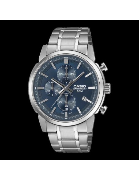 Reloj Casio Para Hombre MTP-E510D-2A2 Cronógrafo Correa Acero Plateado Esfera Azul