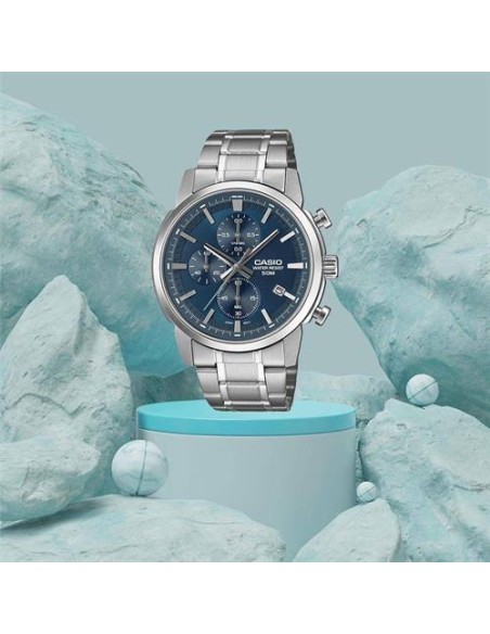 Reloj Casio Para Hombre MTP-E510D-2A2 Cronógrafo Correa Acero Plateado Esfera Azul