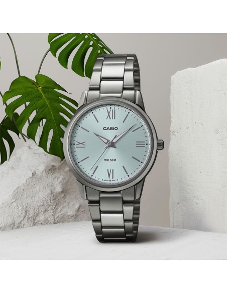 Reloj Casio Para Mujer LTP-1303DD-2A Analógico Correa Acero Plateado Esfera Azul