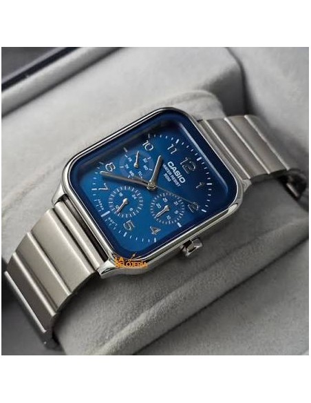 Reloj Casio Para Hombre MTP-M306D-2A Fase Lunar Correa Acero Plateado Esfera Azul