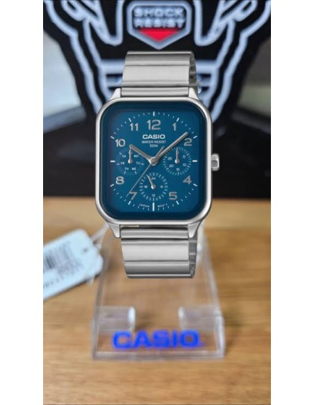 Reloj Casio Para Hombre MTP-M306D-2A Fase Lunar Correa Acero Plateado Esfera Azul