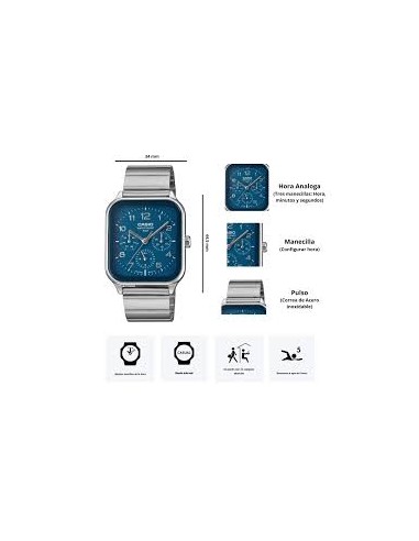 Reloj Casio Para Hombre MTP-M306D-2A Fase Lunar Correa Acero Plateado Esfera Azul