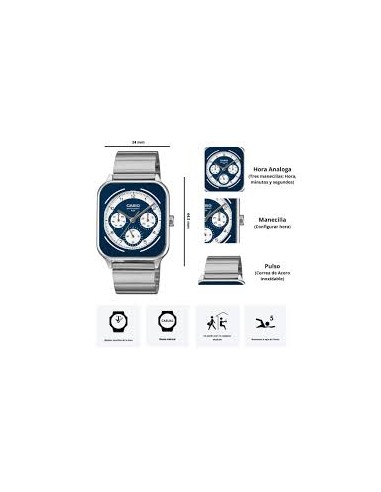 Reloj cronógrafo hombre Casio Square Panda MTP-M307D-2B 44.5 × 34 × 9.4 mm 50m WR correa de acero