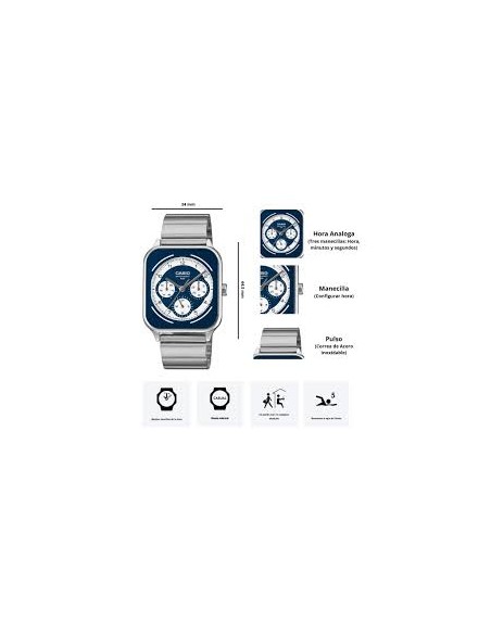 Reloj cronógrafo hombre Casio Square Panda MTP-M307D-2B 44.5 × 34 × 9.4 mm 50m WR correa de acero