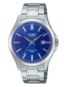 Reloj Casio Para Hombre MTS-115D-2A1 Cristal Zafiro Correa Acero Esfera Azul